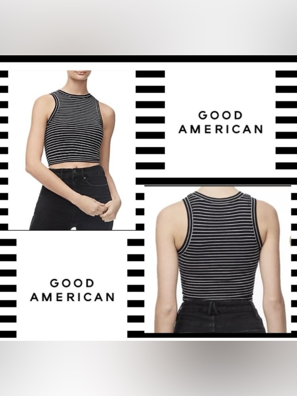 Good American NWT Size 4 Black & White Horizontal Striped Tank Crop Tank Top